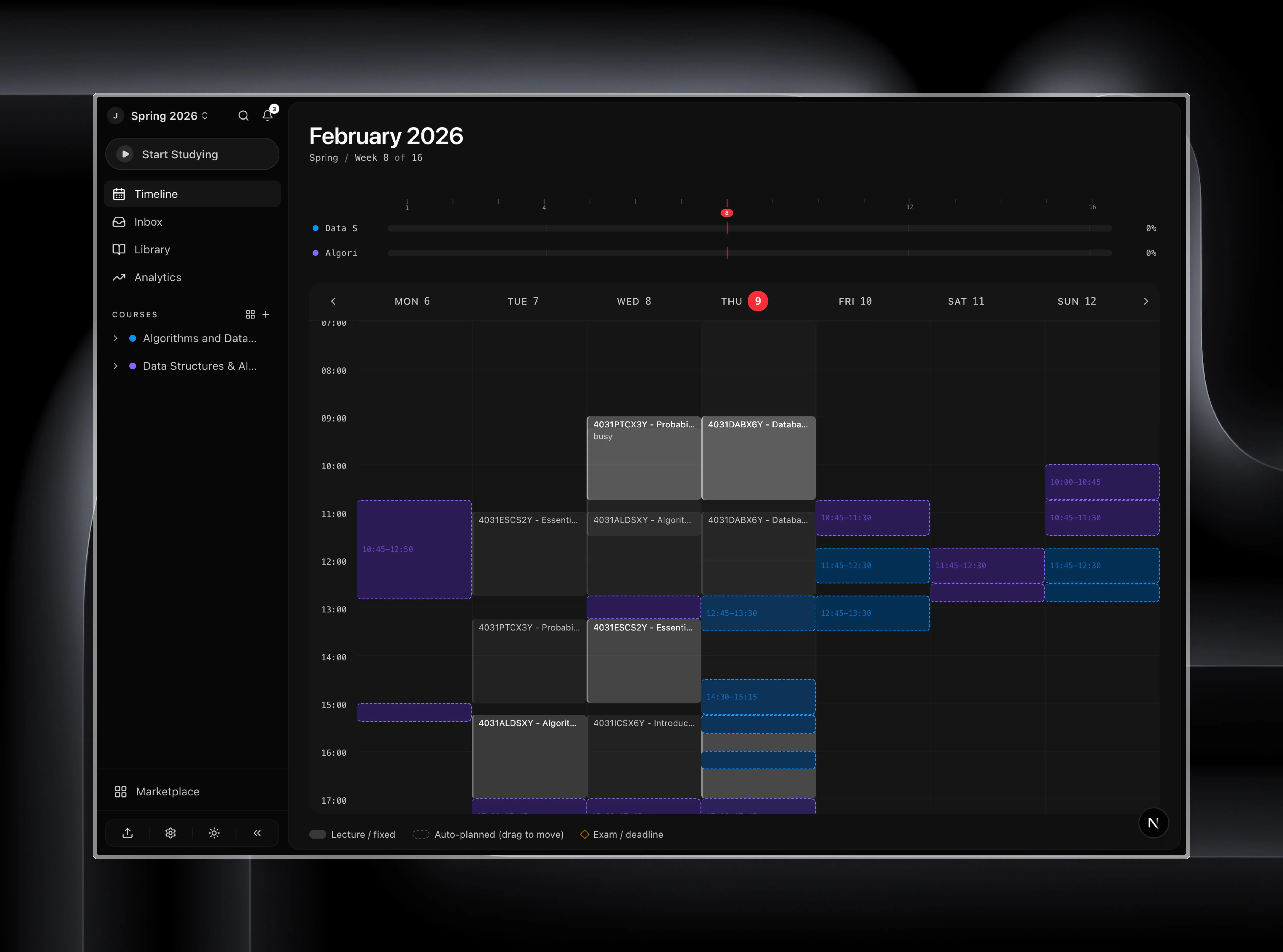 Revu weekly calendar — autopilot scheduling with study blocks placed around your classes