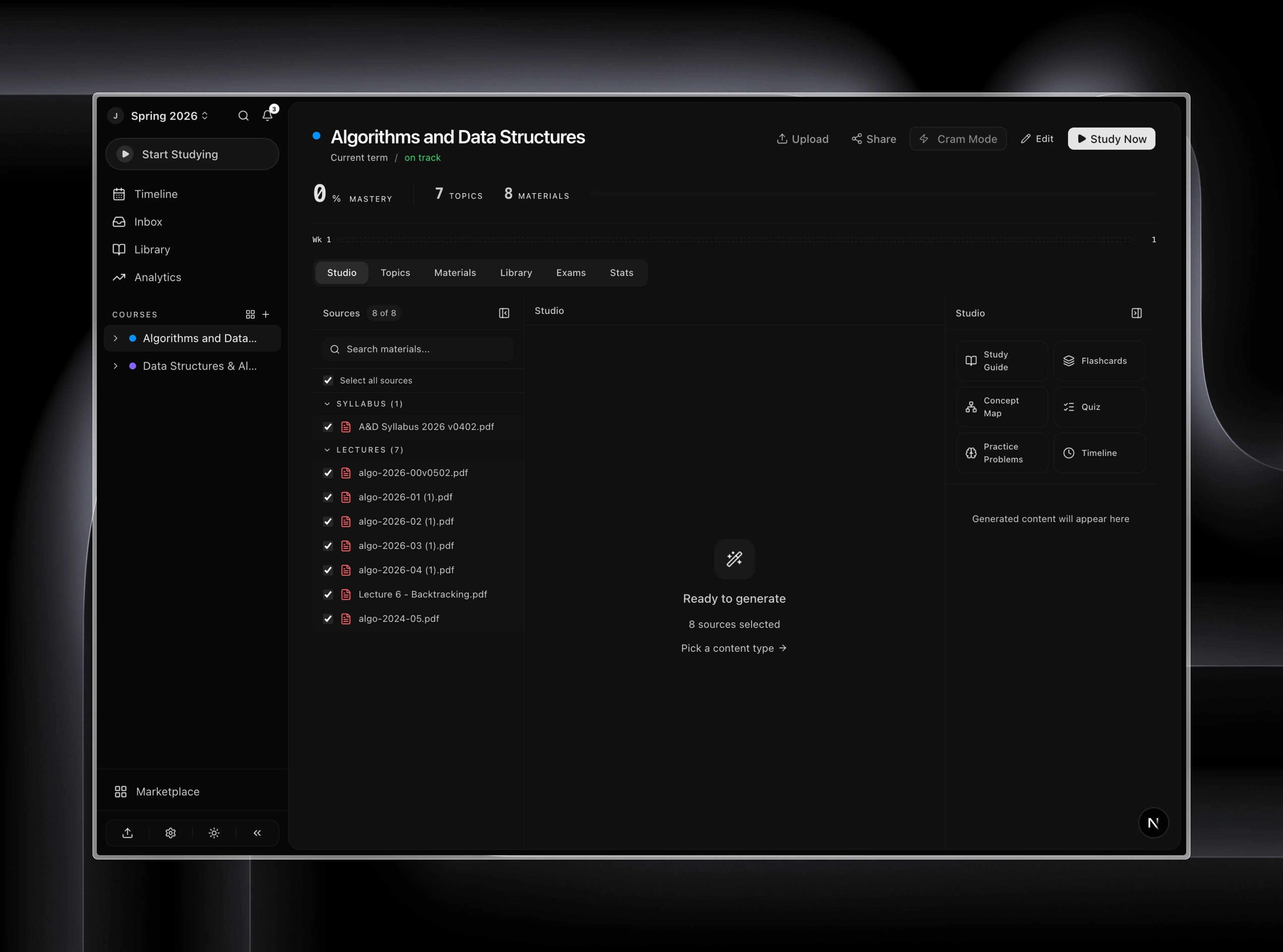 Revu Course Studio — select sources and generate study materials